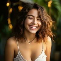 portrait de une magnifique Jeune femme souriant génératif ai photo
