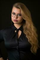 portrait de une magnifique Jeune femme avec des lunettes sur une noir Contexte génératif ai photo