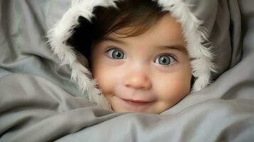 une bébé dans une gris couverture avec gros bleu yeux génératif ai photo