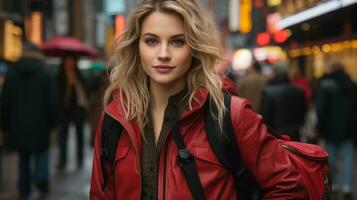 une magnifique blond femme dans une rouge veste permanent dans le milieu de une occupé ville rue photo