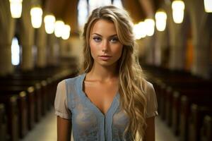 une magnifique blond femme permanent dans le milieu de une église génératif ai photo