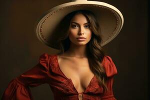 une magnifique femme dans une rouge robe et chapeau génératif ai photo