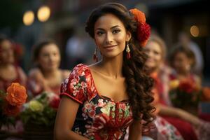 une magnifique femme dans une traditionnel mexicain robe génératif ai photo