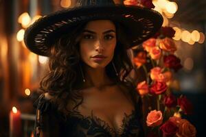 une magnifique femme dans une sombre chapeau avec des roses génératif ai photo