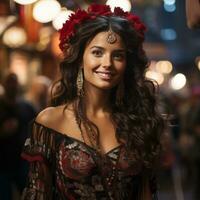 une magnifique femme avec longue cheveux portant une robe et une fleur couronne génératif ai photo