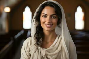 une magnifique Jeune femme dans une blanc peignoir permanent dans une église génératif ai photo