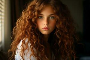 une magnifique Jeune femme avec longue frisé cheveux photo