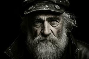 une noir et blanc photo de un vieux homme avec une barbe