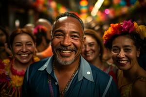 une groupe de gens souriant pour le caméra à une carnaval génératif ai photo