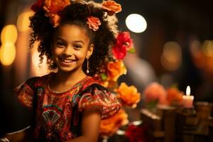 une peu fille dans une mexicain robe avec fleurs sur sa tête génératif ai photo