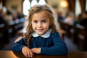 une peu fille séance à une table dans une église génératif ai photo