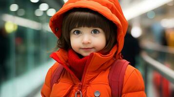 une peu fille portant un Orange veste génératif ai photo