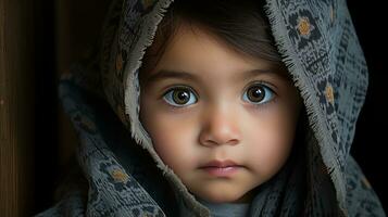 une peu fille avec bleu yeux est à la recherche à le caméra génératif ai photo