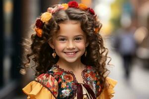 une peu fille avec frisé cheveux portant une fleur couronne sur sa tête génératif ai photo