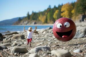 une homme et une enfant sont en jouant avec une Balle sur le plage génératif ai photo