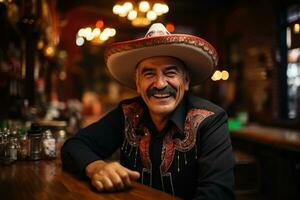 une homme dans une mexicain chapeau séance à une bar génératif ai photo