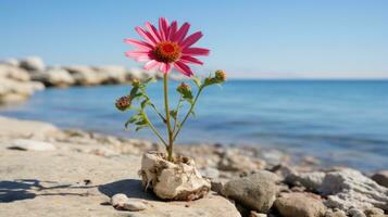 une rose fleur croissance en dehors de une Roche sur le plage génératif ai photo