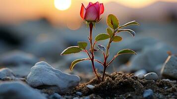 une Célibataire rouge Rose croissance en dehors de le sol génératif ai photo