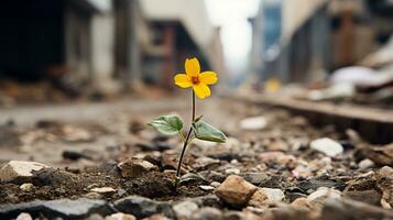 une petit Jaune fleur croissance en dehors de le sol génératif ai photo