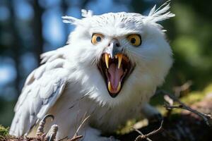 une blanc hibou avec ses bouche ouvert sur une arbre branche génératif ai photo