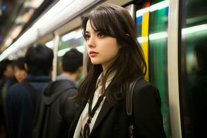 une femme dans une affaires costume permanent sur une métro train photo