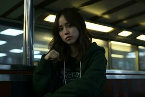 une femme dans une vert sweat à capuche séance sur une train génératif ai photo