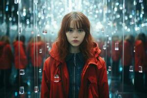 une femme dans une rouge veste permanent dans de face de une miroir génératif ai photo