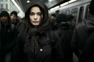 une femme portant une noir veste et écharpe permanent dans de face de une foule de gens génératif ai photo