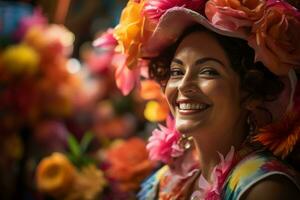 une femme portant une coloré chapeau avec fleurs sur il génératif ai photo