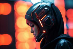 une femme portant une futuriste casque dans de face de rouge lumières génératif ai photo