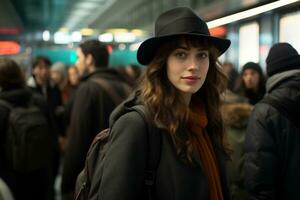 une femme portant une chapeau dans une bondé train station génératif ai photo