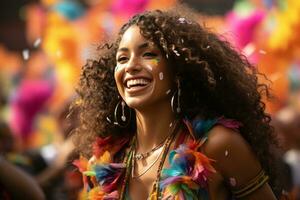 une femme avec frisé cheveux est souriant dans de face de coloré confettis génératif ai photo