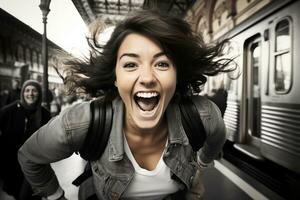 une femme avec sa bouche ouvert dans de face de une train génératif ai photo