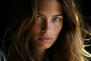 une femme avec longue marron cheveux et bleu yeux photo