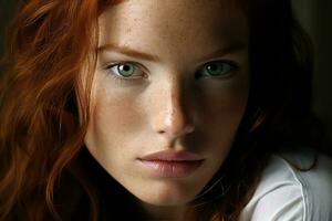 une femme avec rouge cheveux et vert yeux photo