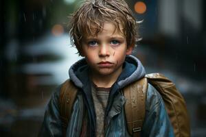 une Jeune garçon est permanent dans le pluie génératif ai photo