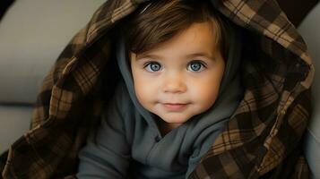 une Jeune enfant avec bleu yeux en dessous de une couverture génératif ai photo