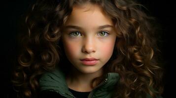 une Jeune fille avec frisé cheveux et vert yeux photo