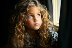 une Jeune fille avec longue frisé cheveux à la recherche en dehors le fenêtre génératif ai photo