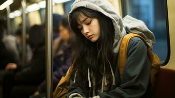 une Jeune femme dans une sweat à capuche séance sur une train photo