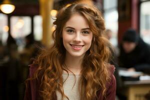 une Jeune femme avec longue rouge cheveux souriant à le caméra génératif ai photo