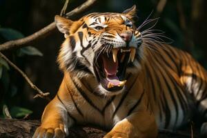 un en colère tigre avec ses bouche ouvert génératif ai photo