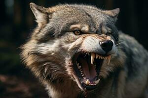 un en colère Loup avec ses bouche ouvert génératif ai photo