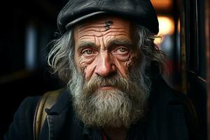 un vieux homme avec une barbe et une chapeau photo