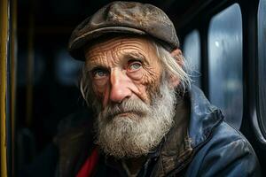 un vieux homme avec une barbe et chapeau séance sur une autobus génératif ai photo