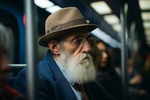 un vieux homme avec une barbe et chapeau sur une train génératif ai photo