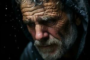 un vieux homme avec une capuche sur dans le pluie génératif ai photo