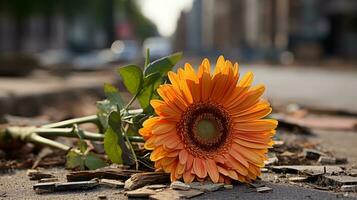 un Orange fleur pose sur le sol dans le milieu de le rue génératif ai photo