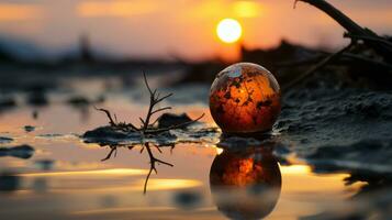 un Orange verre Balle séance dans le l'eau à le coucher du soleil génératif ai photo