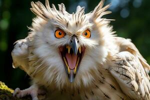 un hibou avec ses bouche ouvert génératif ai photo